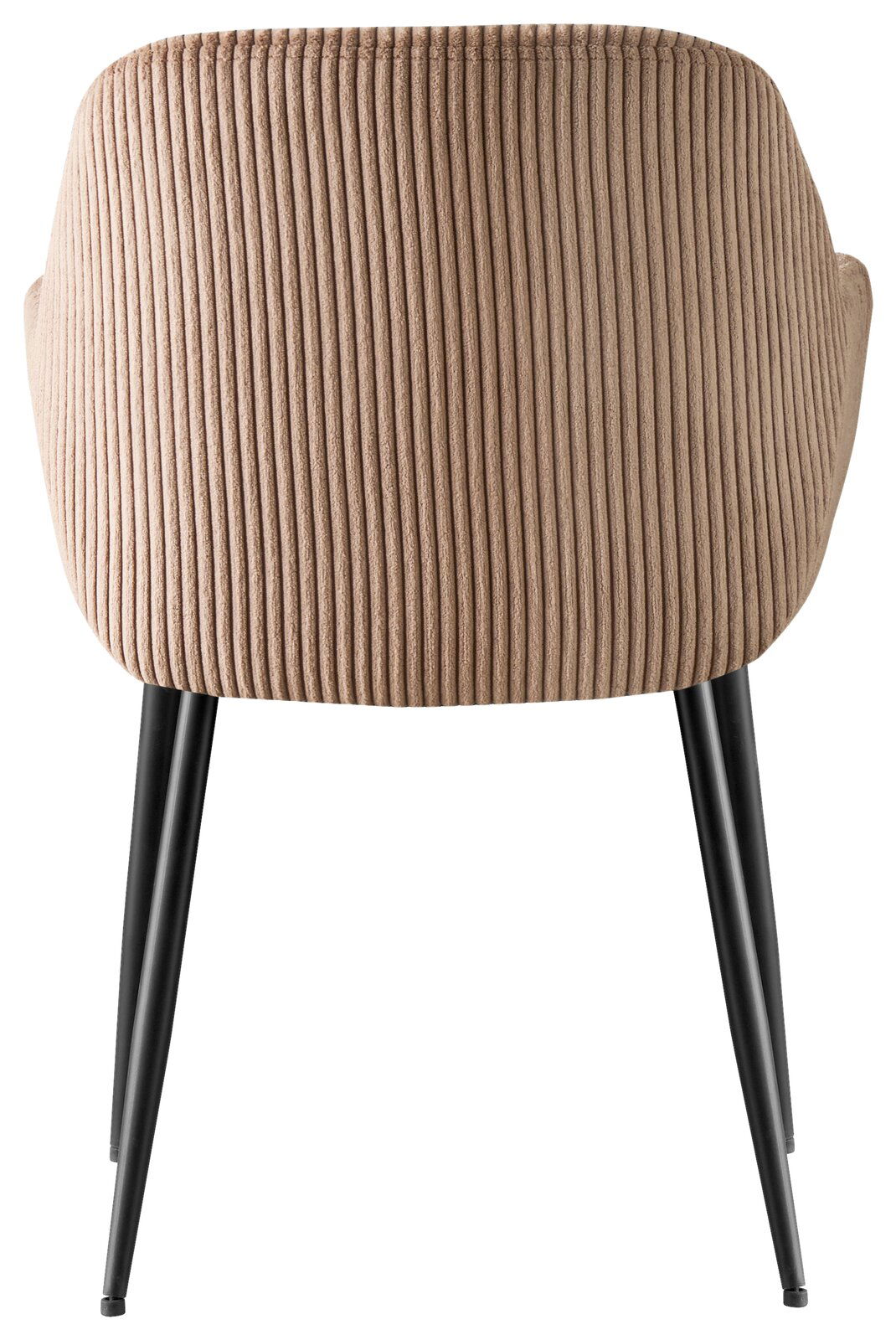 Rückansicht eines Armlehnstuhls mit beigem, geripptem Stoffbezug und schwarzen Metallbeinen.