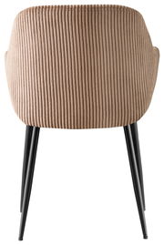 Rückansicht eines Armlehnstuhls mit beigem, geripptem Stoffbezug und schwarzen Metallbeinen.