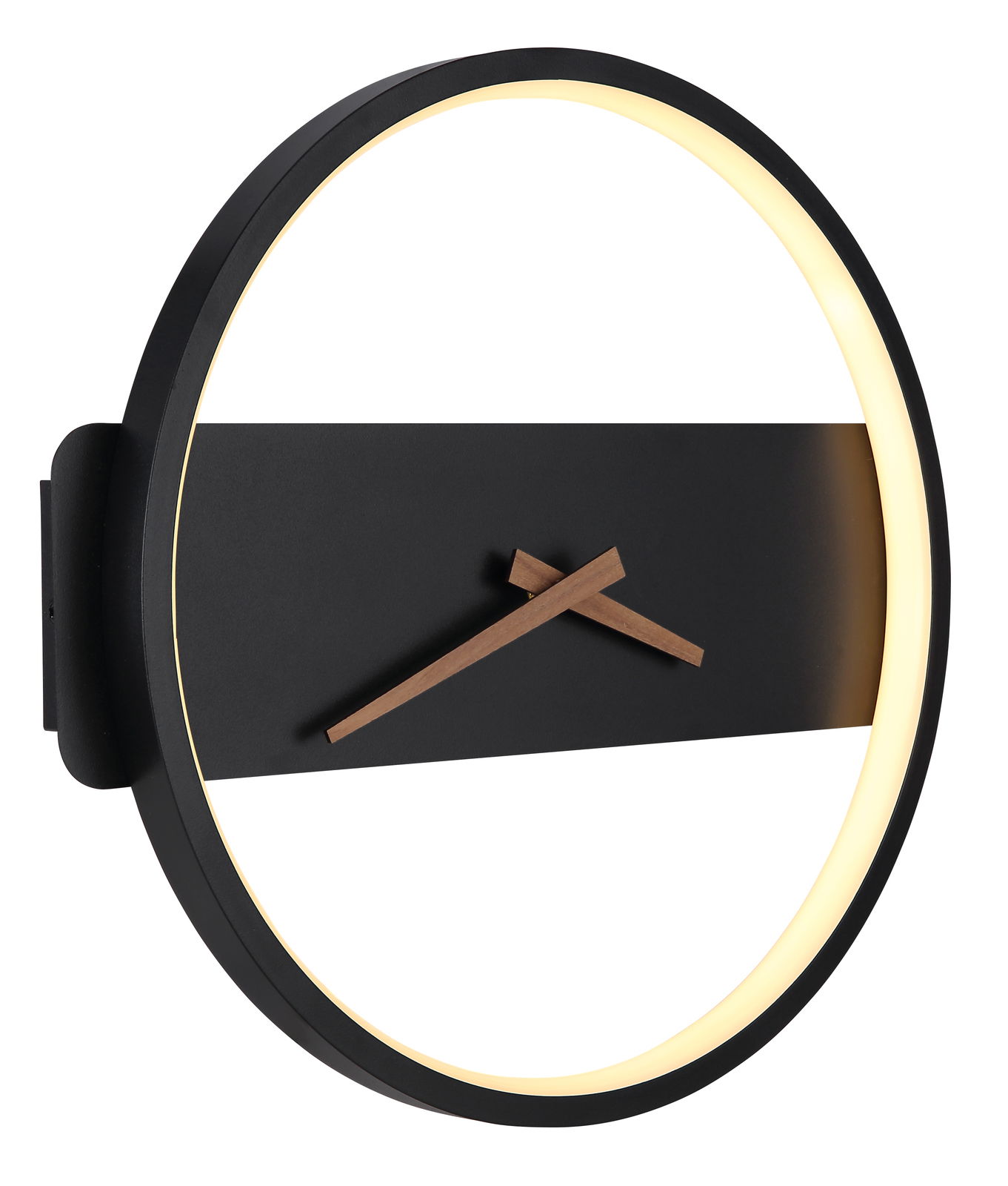 Moderne Wanduhr SUSSY mit beleuchtetem Rand und minimalistischen Holzzeigern, seitliche Perspektive