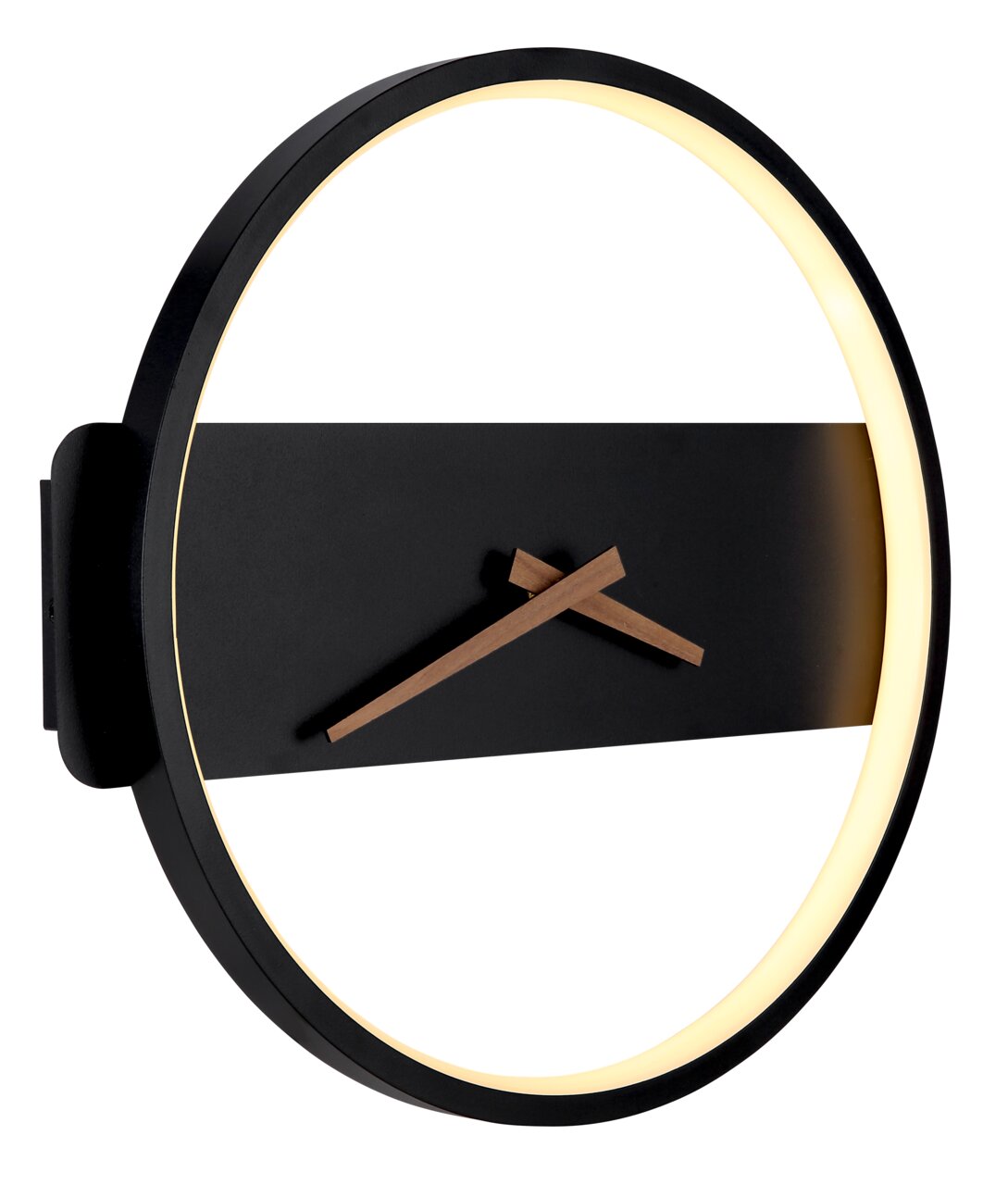 Moderne wandklok SUSSY met verlichte rand en minimalistische houten wijzers, zijaanzicht