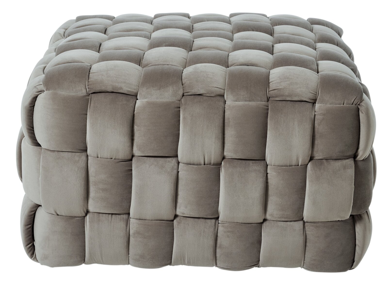 Grauer, gepolsterter Hocker mit quadratischem Muster, seitliche Perspektive