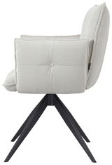 Seitenansicht eines modernen Armlehnstuhls mit hellgrauem Stoffbezug und schwarzen Metallbeinen.