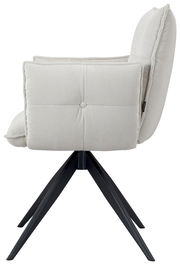 Seitenansicht eines modernen Armlehnstuhls mit hellgrauem Stoffbezug und schwarzen Metallbeinen.