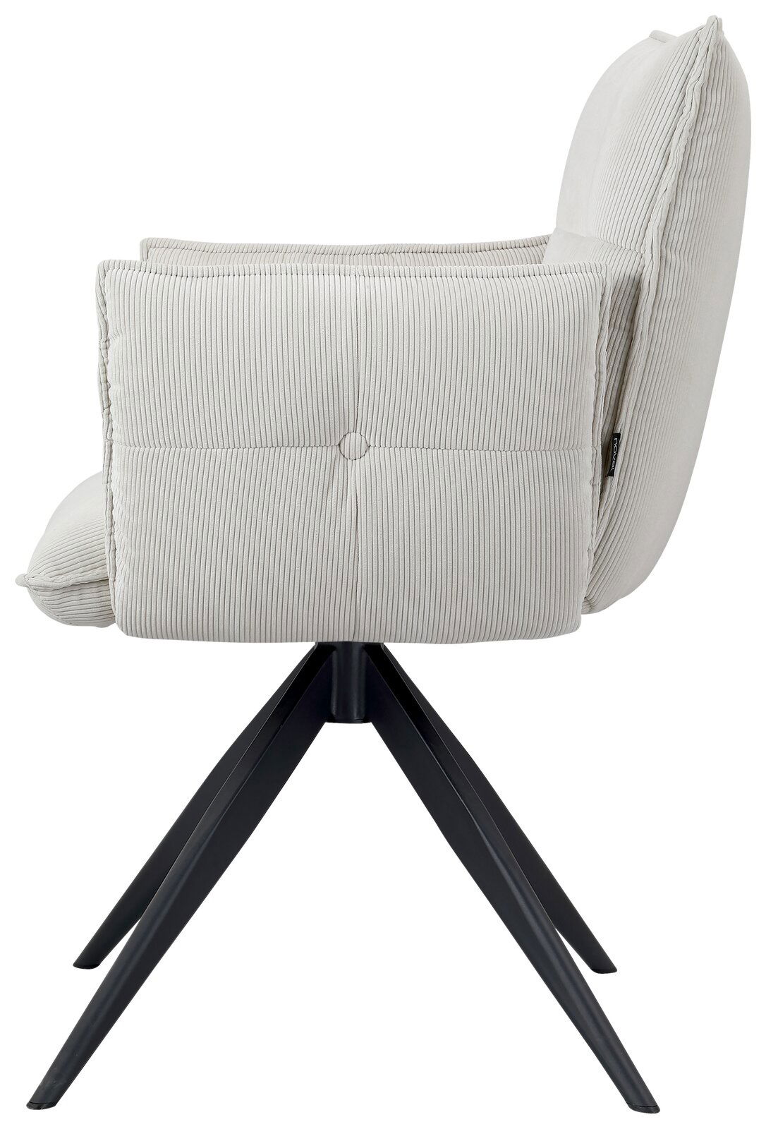 Seitenansicht eines modernen Armlehnstuhls mit hellgrauem Stoffbezug und schwarzen Metallbeinen.