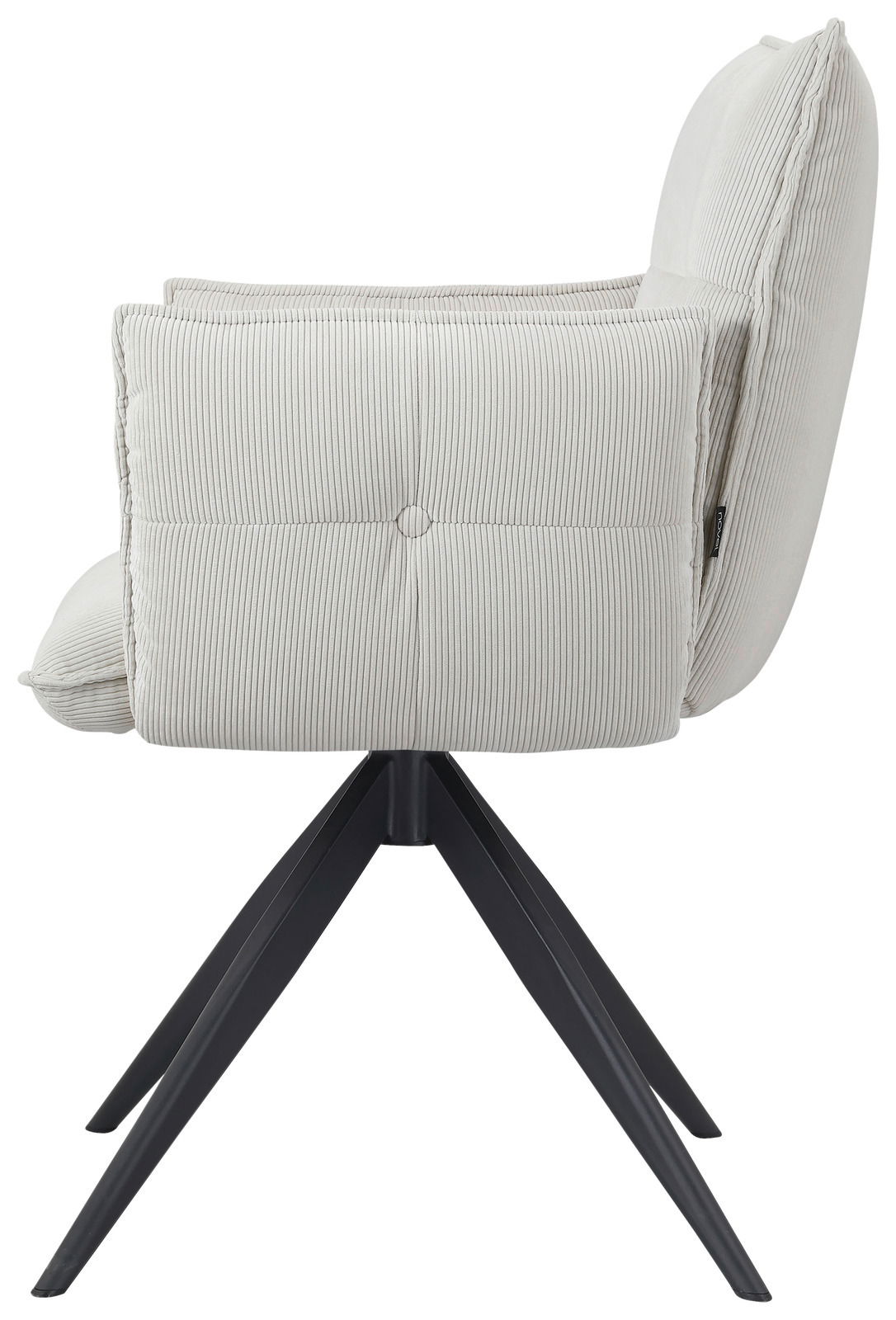 Seitenansicht eines modernen Armlehnstuhls mit hellgrauem Stoffbezug und schwarzen Metallbeinen.