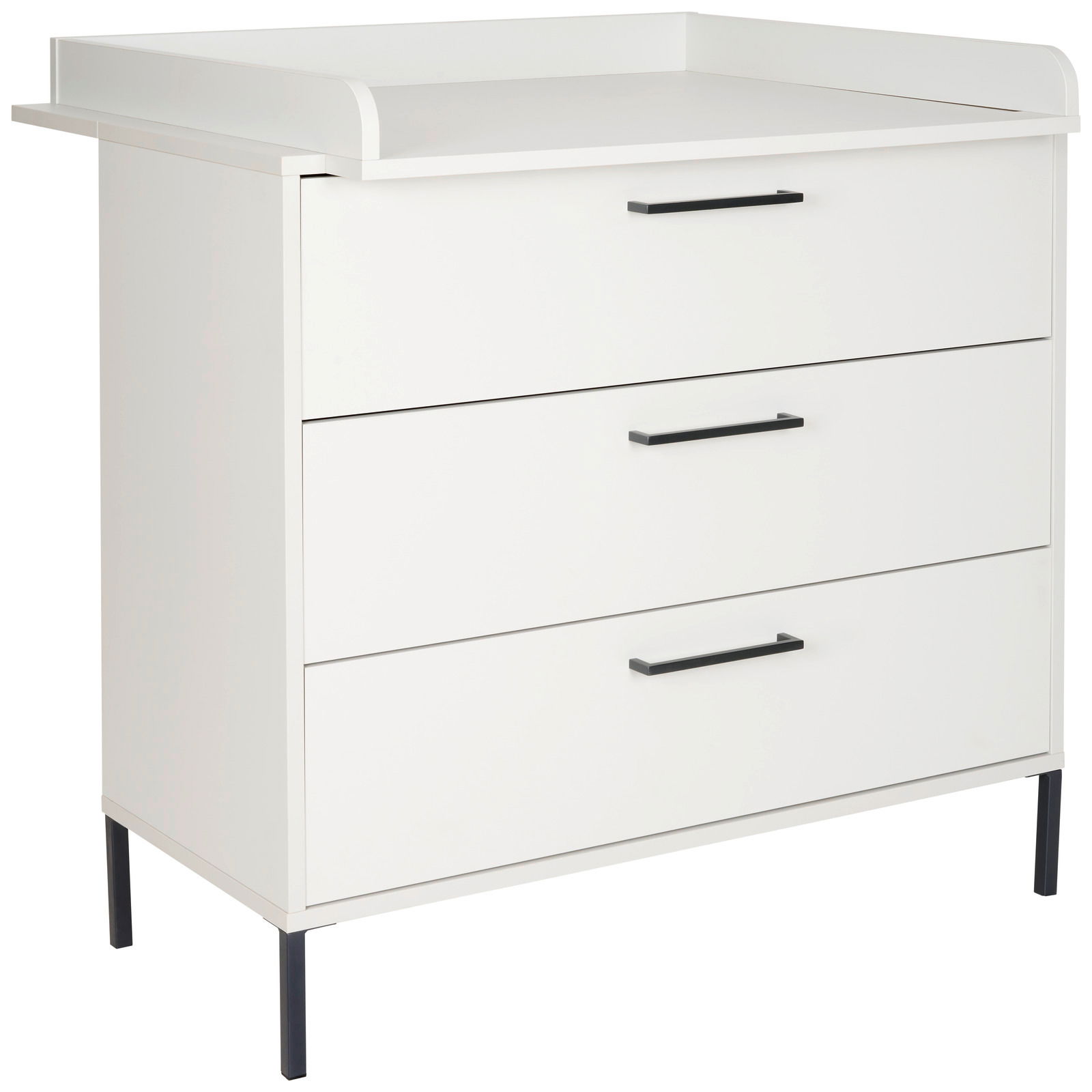 MyBaby Wickelkommode MILAN Weiße Wickelkommode mit drei Schubladen und schwarzen Griffen, seitliche Perspektive
