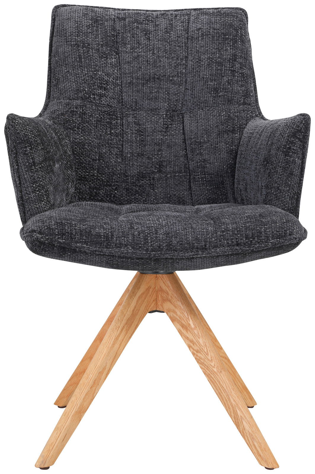 Moderner Sessel mit grauem Stoffbezug und Holzbeinen, Frontalansicht