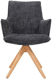 Moderner Sessel mit grauem Stoffbezug und Holzbeinen, Frontalansicht