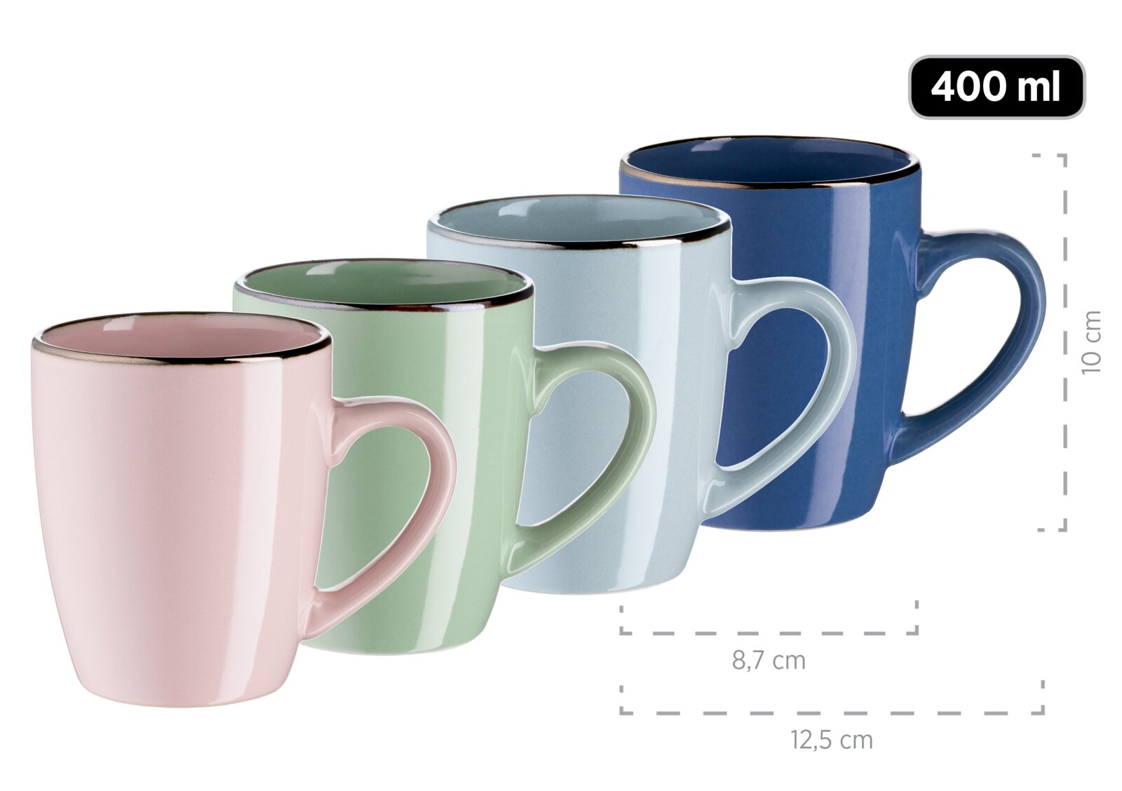 Vier glänzende Keramik-Kaffeebecher in Pastellfarben (rosa, grün, hellblau, dunkelblau) mit Henkel, 400 ml, ca. 10 cm hoch und 12,5 cm breit, in schräger Vorderansicht vor weißem Hintergrund