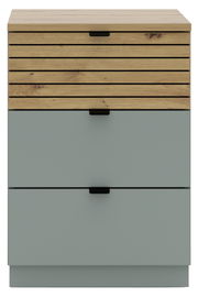 Frontansicht eines modernen Containers mit Holzlamellen und grauen Schubladen.