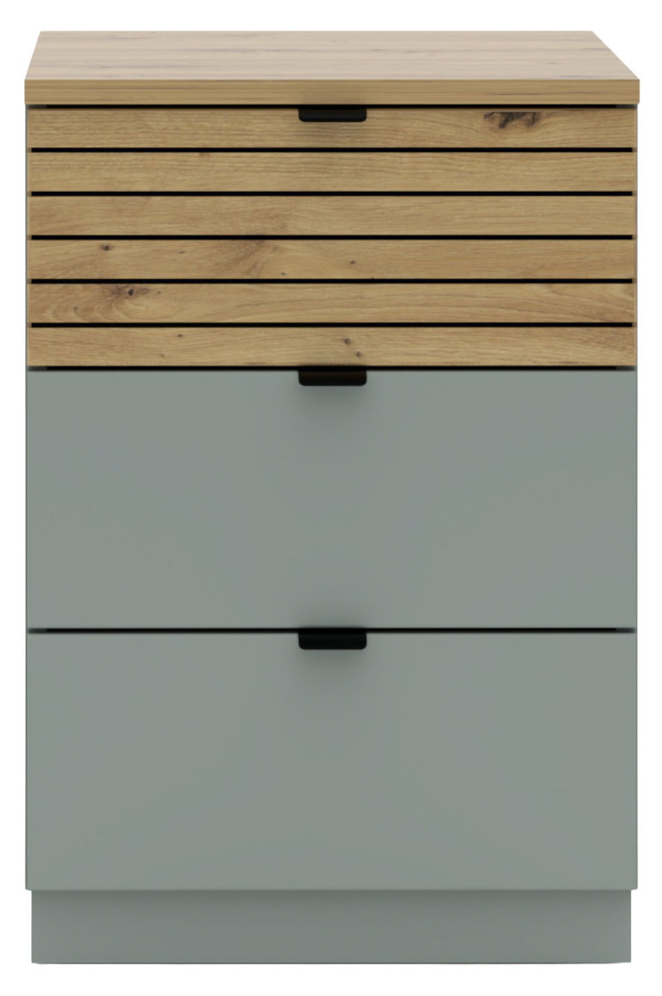 Frontansicht eines modernen Containers mit Holzlamellen und grauen Schubladen.