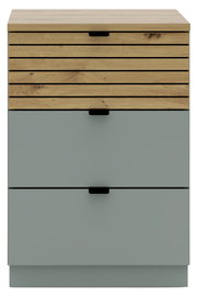 Frontansicht eines modernen Containers mit Holzlamellen und grauen Schubladen.