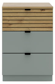 Frontansicht eines modernen Containers mit Holzlamellen und grauen Schubladen.