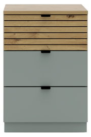 Vooraanzicht van een moderne kast met houten lamellen en grijze lades.