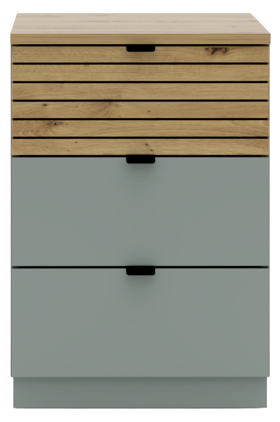Vooraanzicht van een moderne kast met houten lamellen en grijze lades.