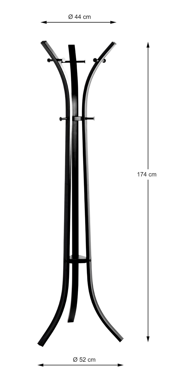 Schwarzer freistehender Garderobenständer aus Metall mit mehreren Haken, Höhe 174 cm, Durchmesser oben 44 cm und unten 52 cm, Produktansicht frontal.