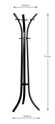 Schwarzer freistehender Garderobenständer aus Metall mit mehreren Haken, Höhe 174 cm, Durchmesser oben 44 cm und unten 52 cm, Produktansicht frontal.