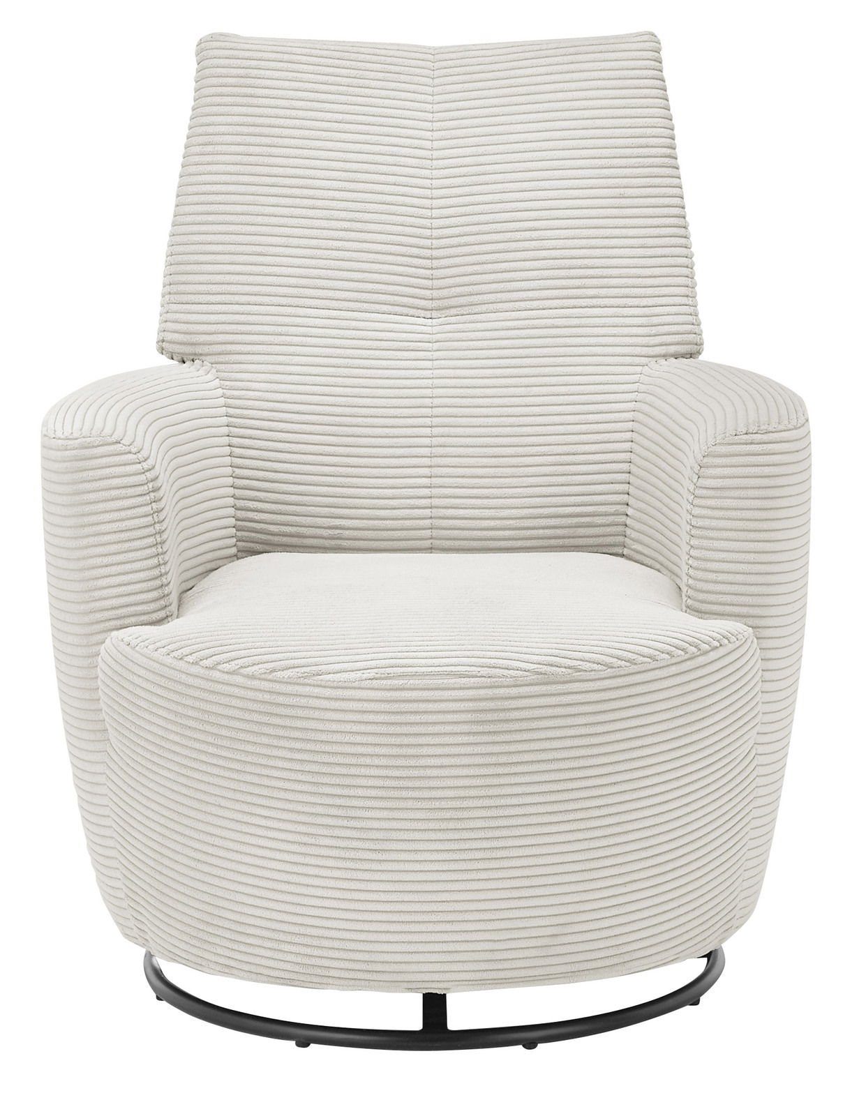 Frontansicht eines modernen, cremefarbenen Sessels mit geripptem Stoffbezug und rundem Metallfuß.