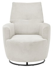 Frontansicht eines modernen, cremefarbenen Sessels mit geripptem Stoffbezug und rundem Metallfuß.