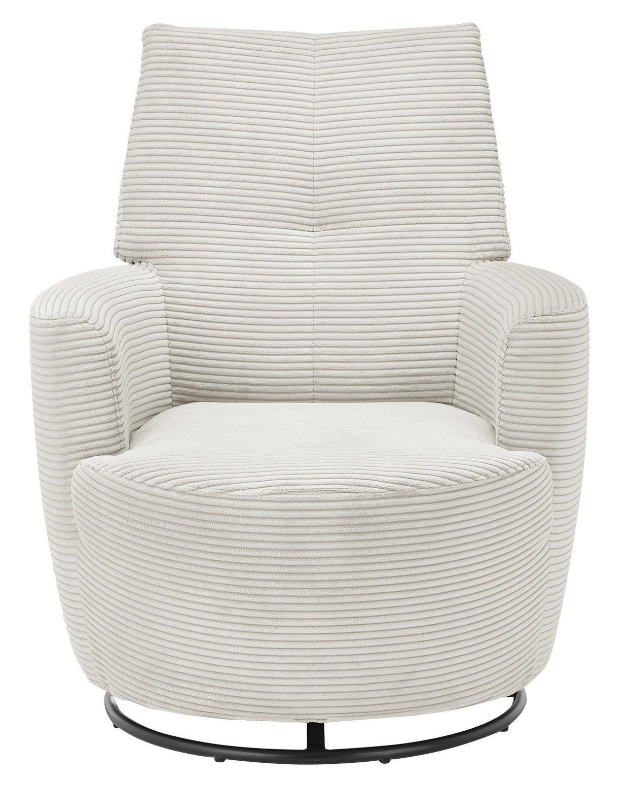 Frontansicht eines modernen, cremefarbenen Sessels mit geripptem Stoffbezug und rundem Metallfuß.