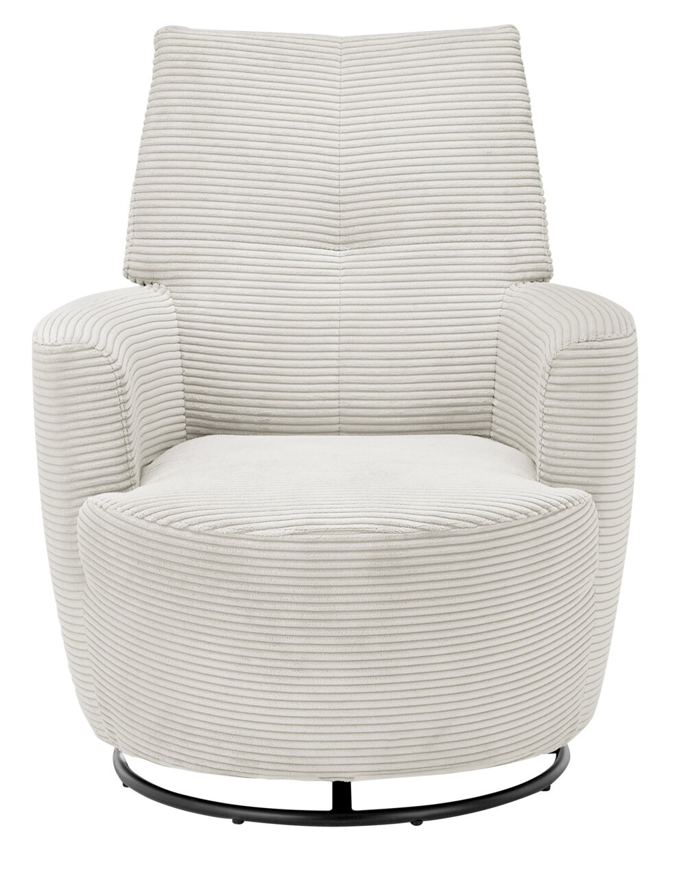 Frontansicht eines modernen, cremefarbenen Sessels mit geripptem Stoffbezug und rundem Metallfuß.