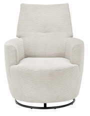 Frontansicht eines modernen, cremefarbenen Sessels mit geripptem Stoffbezug und rundem Metallfuß.