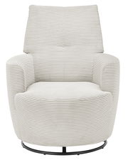 Frontansicht eines modernen, cremefarbenen Sessels mit geripptem Stoffbezug und rundem Metallfuß.