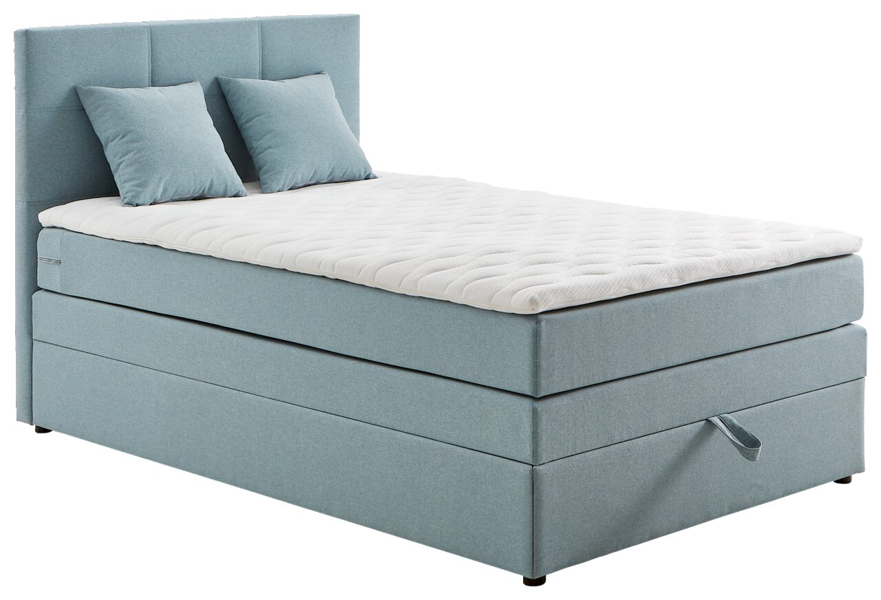 Boxspringbett in hellblauem Stoff mit zwei Kissen, seitliche Perspektive