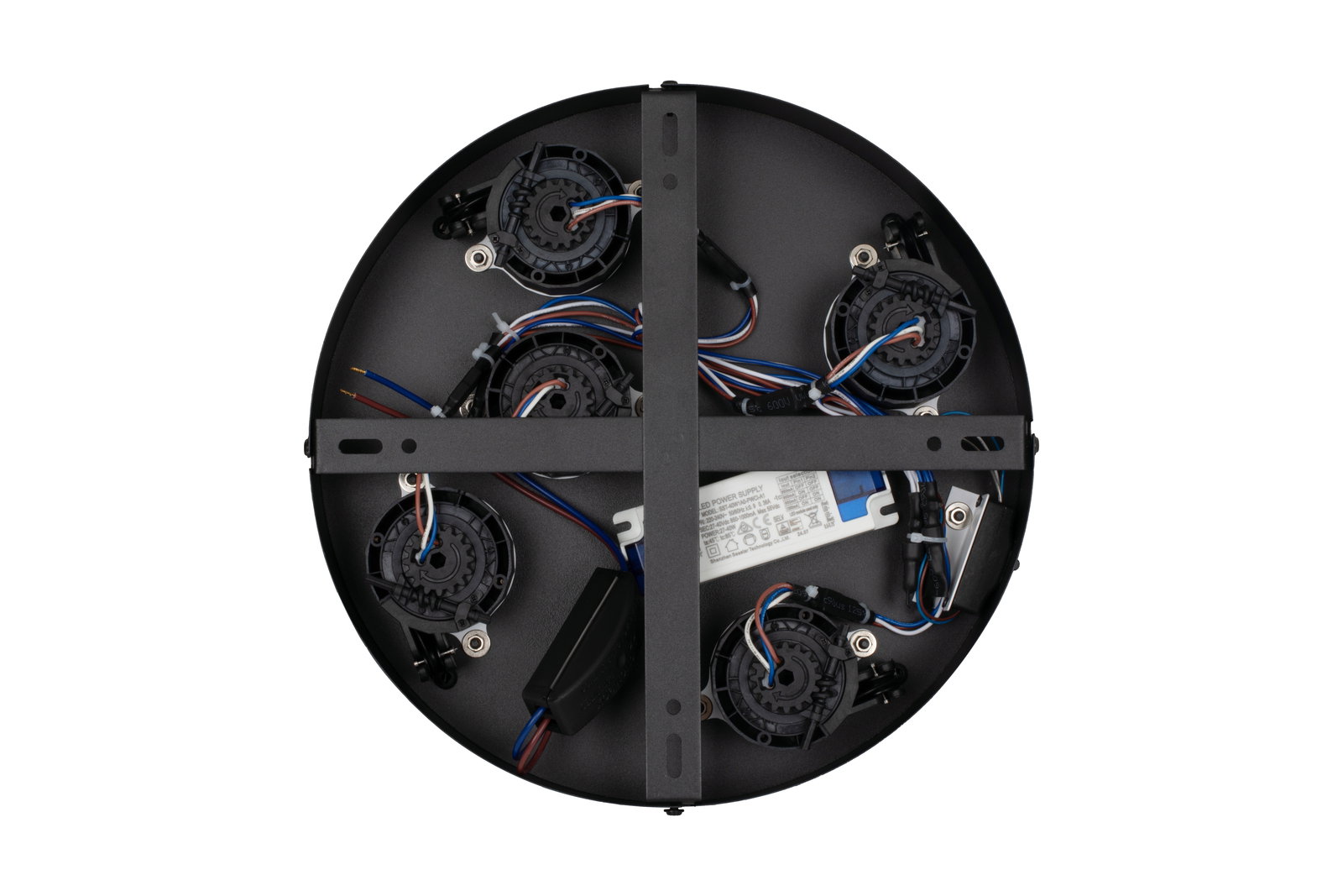 Rückansicht einer runden LED-Hängeleuchte mit sichtbaren Kabeln und Komponenten.