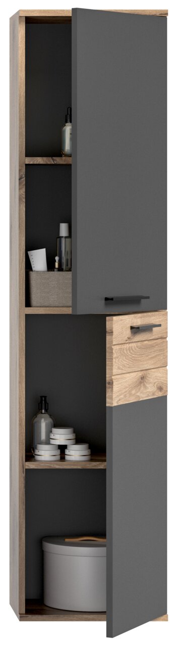 Hochschrank mit grauen Türen und Holzelementen, teilweise geöffnet, mit Regalen und verschiedenen Aufbewahrungsgegenständen, Frontalansicht.