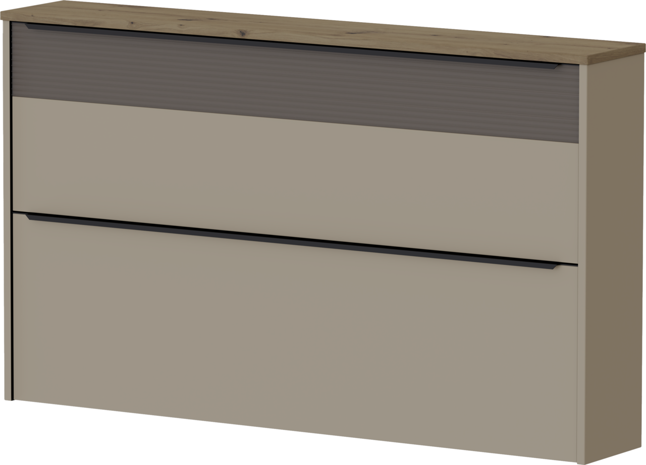 Moderner Hängeschuhschrank in Beige mit Holzoberfläche, seitliche Perspektive