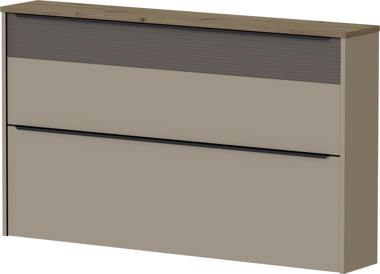 Moderne hangende schoenenkast in beige met houten afwerking, zijaanzicht