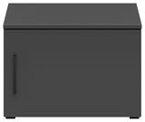 Frontansicht eines grauen Aufsatzschranks mit einer Tür und einem schwarzen Griff.