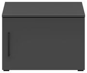 Frontansicht eines grauen Aufsatzschranks mit einer Tür und einem schwarzen Griff.