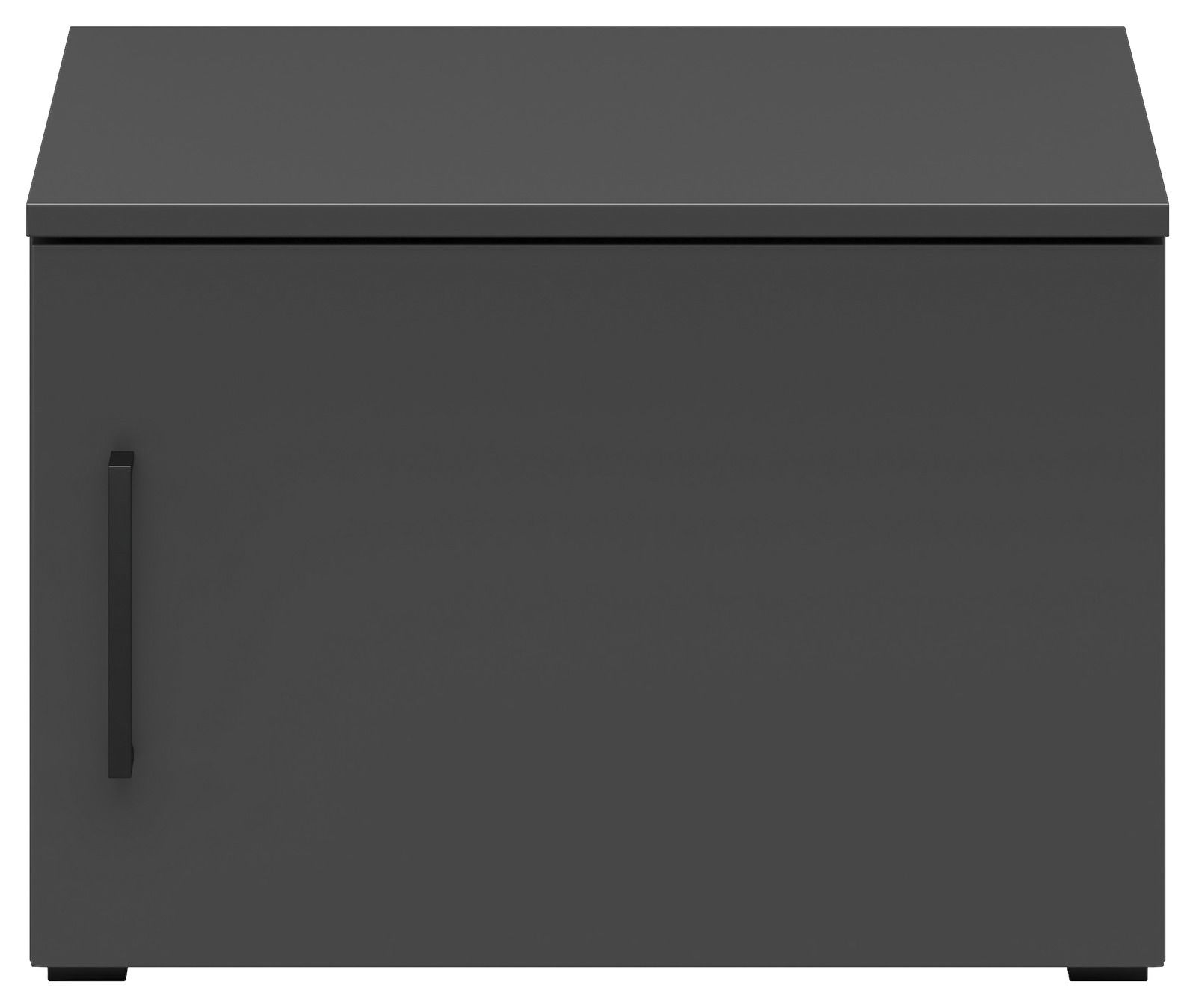 Frontansicht eines grauen Aufsatzschranks mit einer Tür und einem schwarzen Griff.