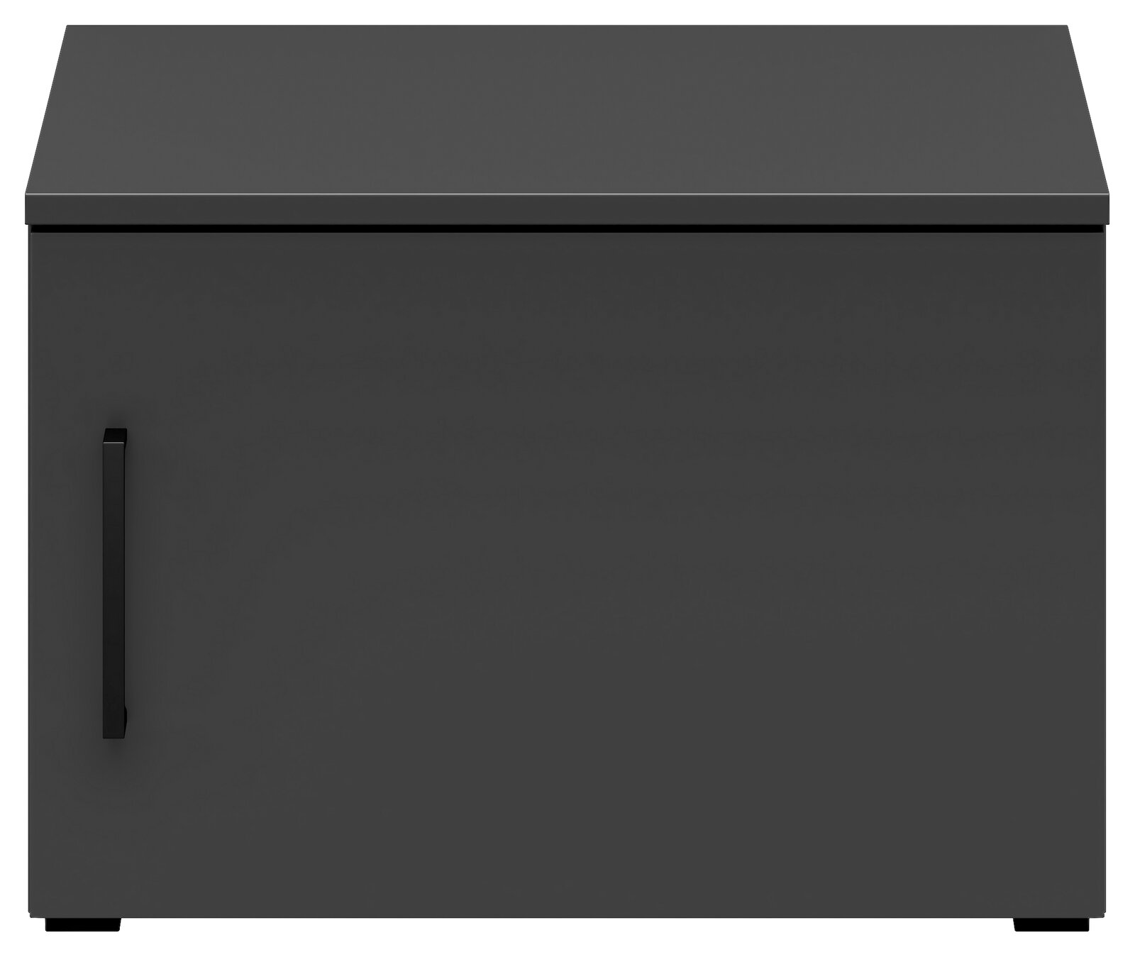 Frontansicht eines grauen Aufsatzschranks mit einer Tür und einem schwarzen Griff.