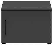 Frontansicht eines grauen Aufsatzschranks mit einer Tür und einem schwarzen Griff.