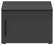 Frontansicht eines grauen Aufsatzschranks mit einer Tür und einem schwarzen Griff.