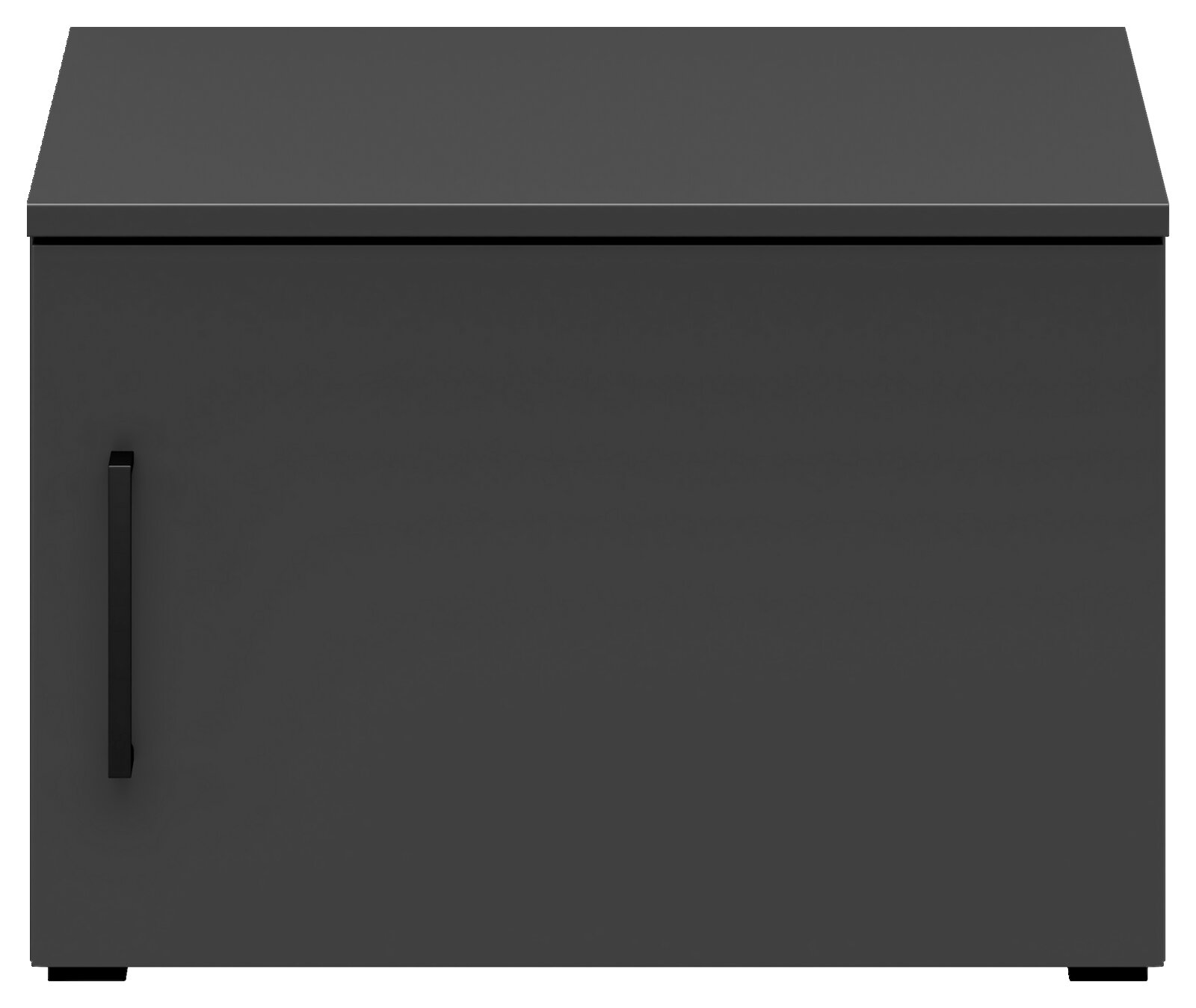 Frontansicht eines grauen Aufsatzschranks mit einer Tür und einem schwarzen Griff.