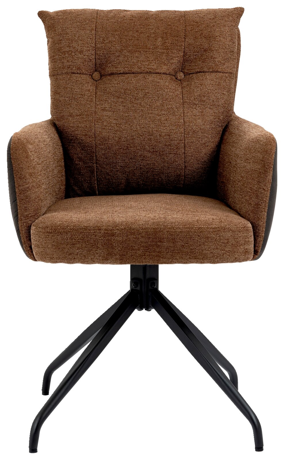 Bruine fauteuil met gestoffeerde rugleuning en armleuningen, op een zwart metalen onderstel, vooraanzicht.