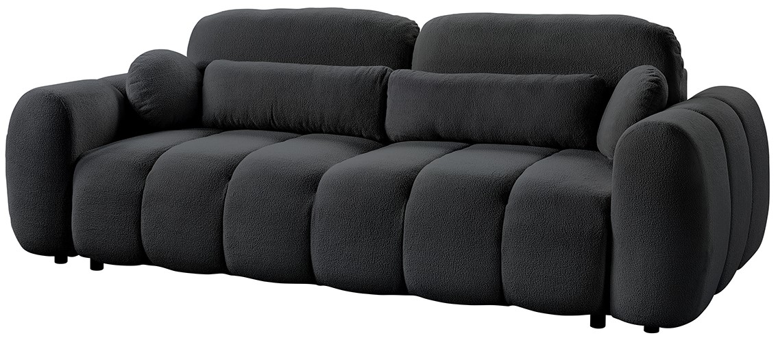 Schwarzes Funktionssofa mit runden Armlehnen und Rückenlehnen, seitliche Perspektive