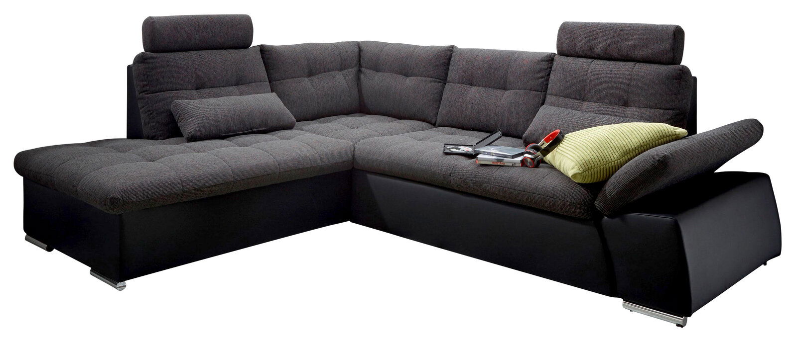 Osca Ecksofa JAKARTA Graue Rundecke mit verstellbaren Kopfstützen und einem grünen Kissen, seitliche Perspektive