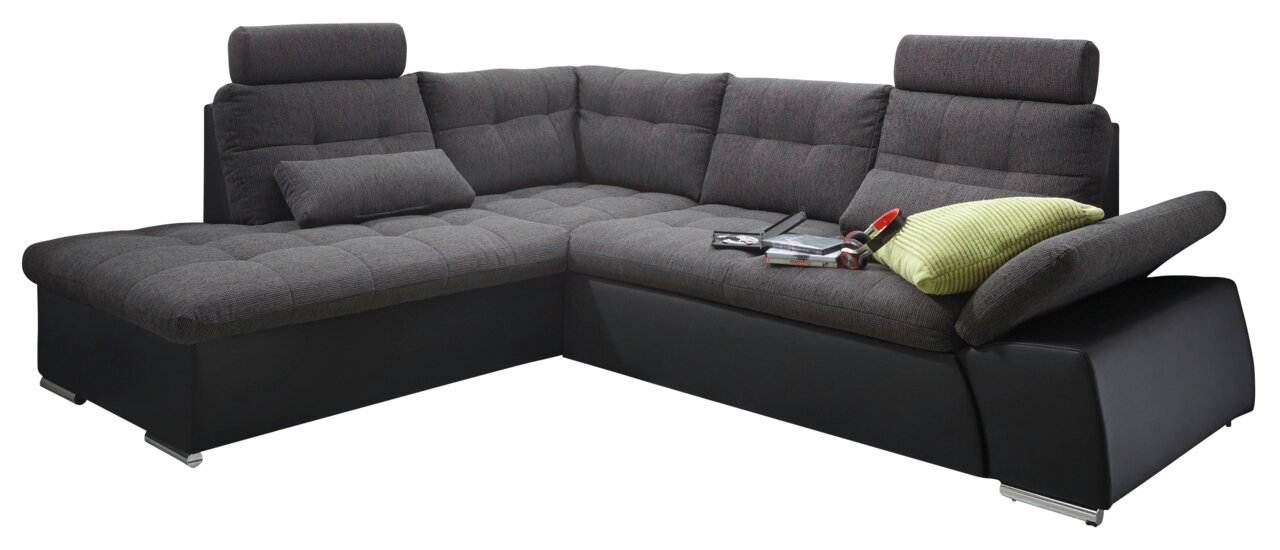 Graue Rundecke mit verstellbaren Kopfstützen und einem grünen Kissen, seitliche Perspektive