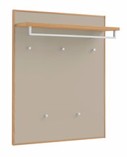 Garderobenpaneel aus Holz mit fünf Haken und einer Ablage, seitliche Perspektive