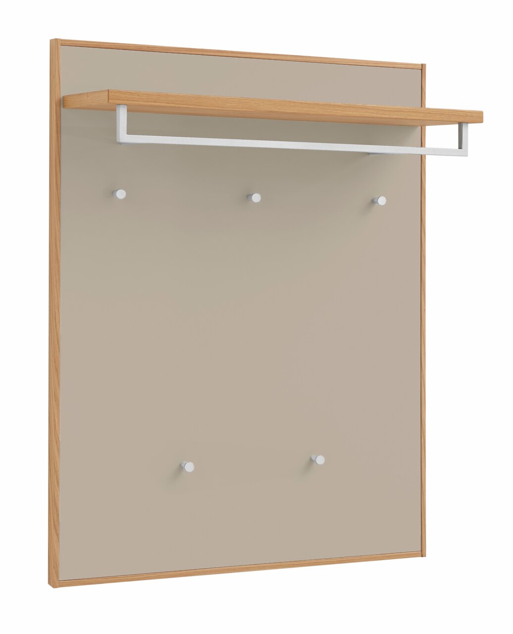 Garderobenpaneel aus Holz mit fünf Haken und einer Ablage, seitliche Perspektive