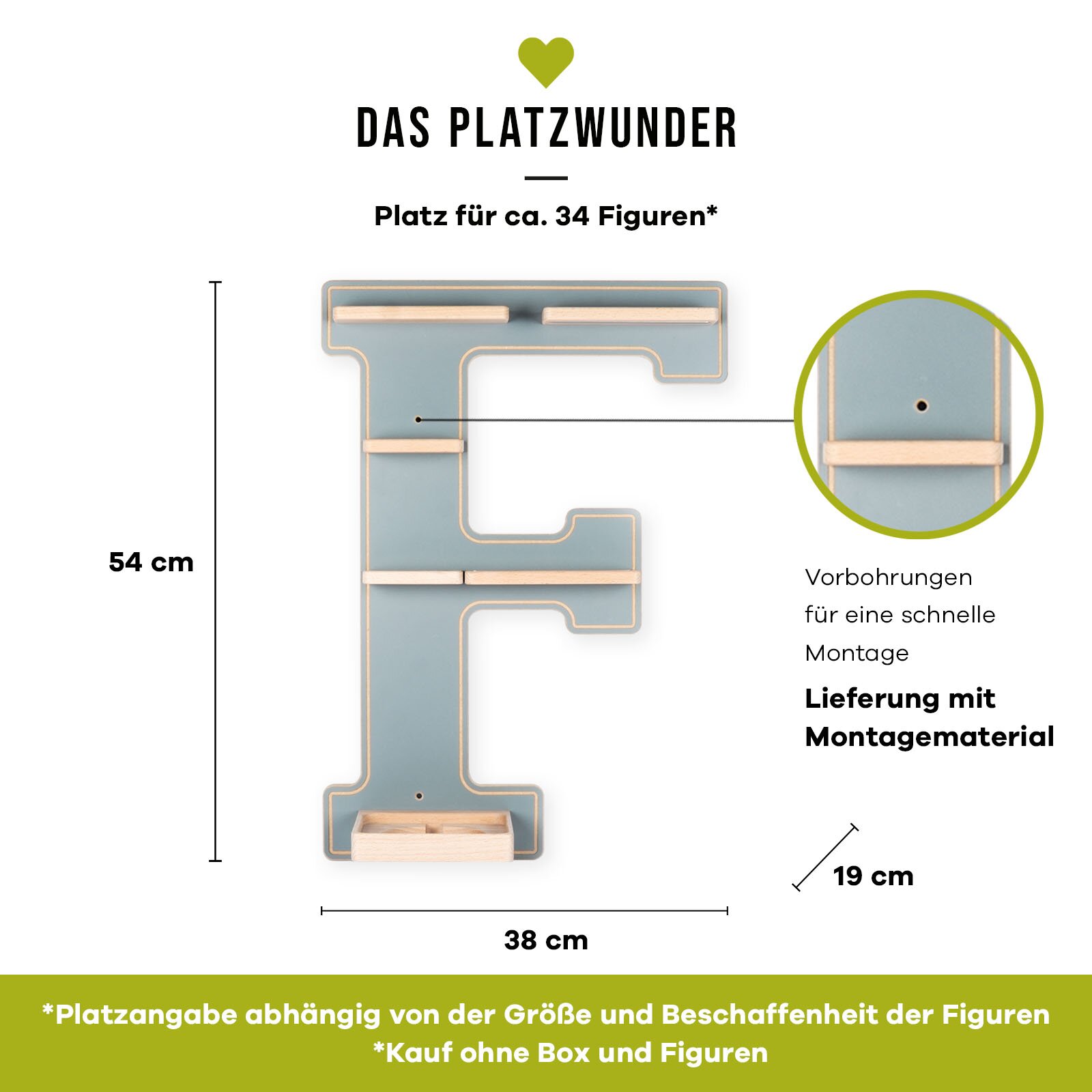 Wandregal in Form des Buchstabens F in Hellblau mit Holzleisten und kleiner Ablage, ca. 54 x 38 x 19 cm, mit Vorbohrungen und Montagematerial, frontal von vorn dargestellt