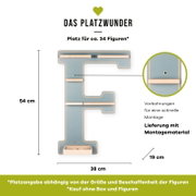Wandregal in Form des Buchstabens F in Hellblau mit Holzleisten und kleiner Ablage, ca. 54 x 38 x 19 cm, mit Vorbohrungen und Montagematerial, frontal von vorn dargestellt