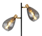 Moderne Stehleuchte mit zwei rauchgrauen Glaskugeln und goldenen Fassungen, seitliche Perspektive