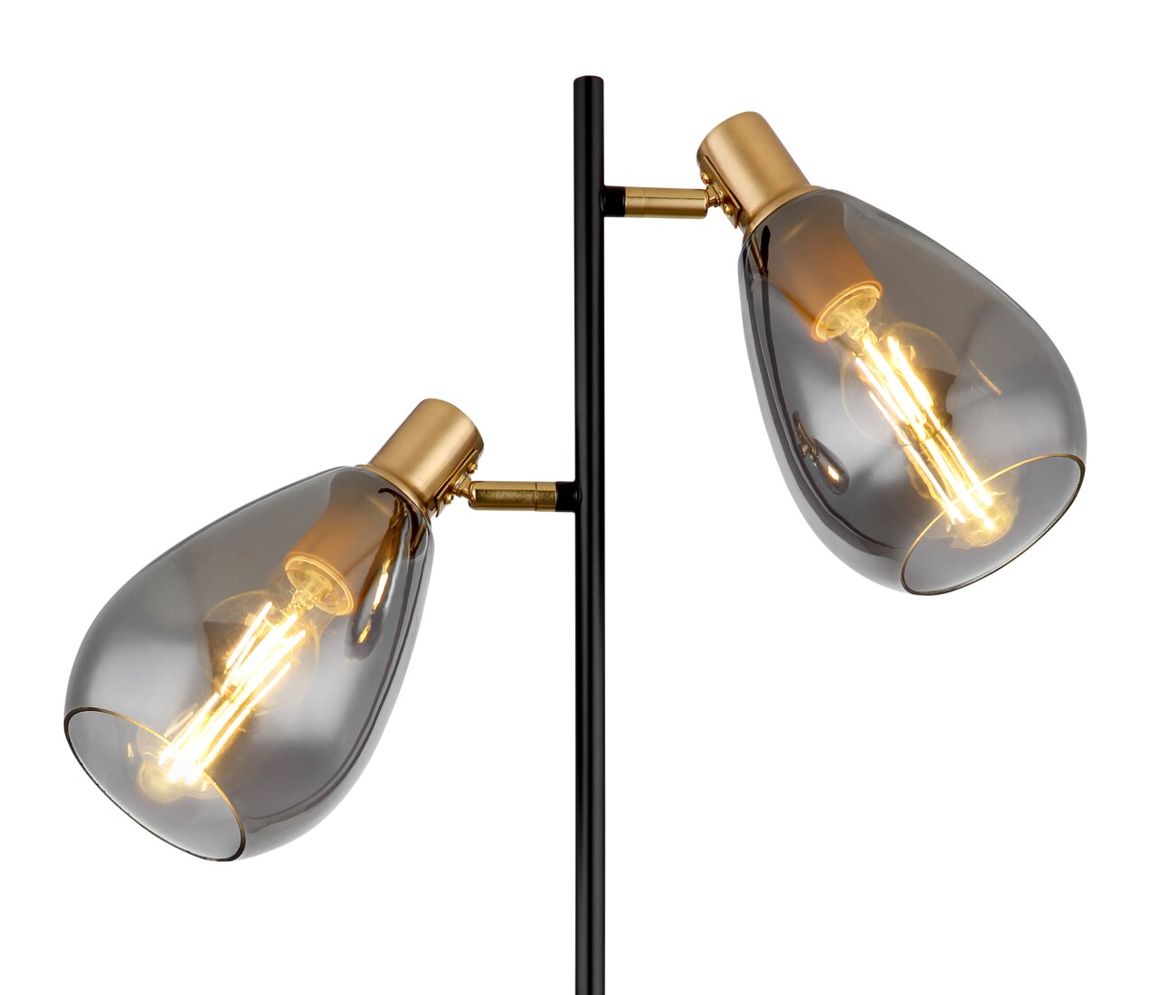 Moderne Stehleuchte mit zwei rauchgrauen Glaskugeln und goldenen Fassungen, seitliche Perspektive