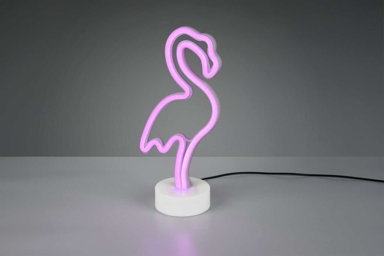 LED-Tischleuchte in Form eines Flamingos mit pinkem Licht, seitliche Perspektive
